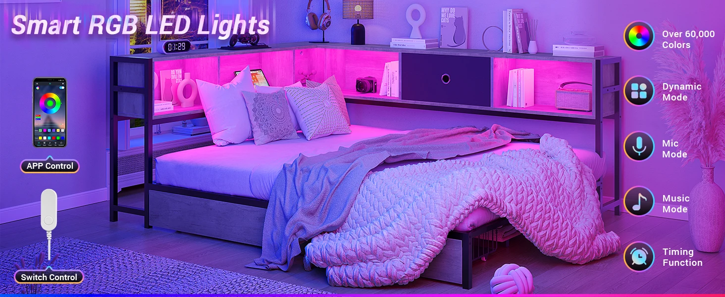 corner bed frame full size with LED lights and charging station