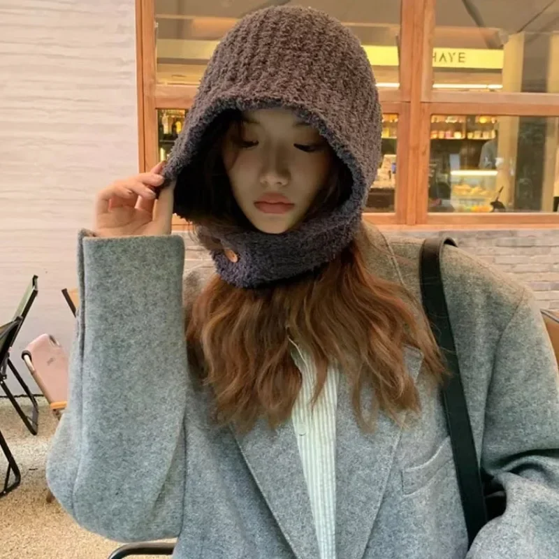 

Ins Maillard Imitation Lamb Wool Cute Beanies for Women Autumn and Winter Korean Warm Neck Protection Integrated Balaclava Hat