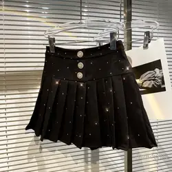 Mini Skirts Women Spring 2022 New Shiny Rhinestone Buckle Anti-Exposure Pleated Pettiskirt Jupe Femme White Back Ladies Wear