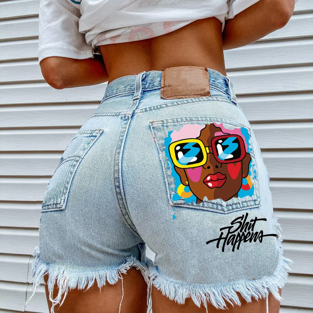 American Street City Girl Style Personalized Pocket Print 2024 Spring/Summer New Perforated Ragged Edge Denim Shorts