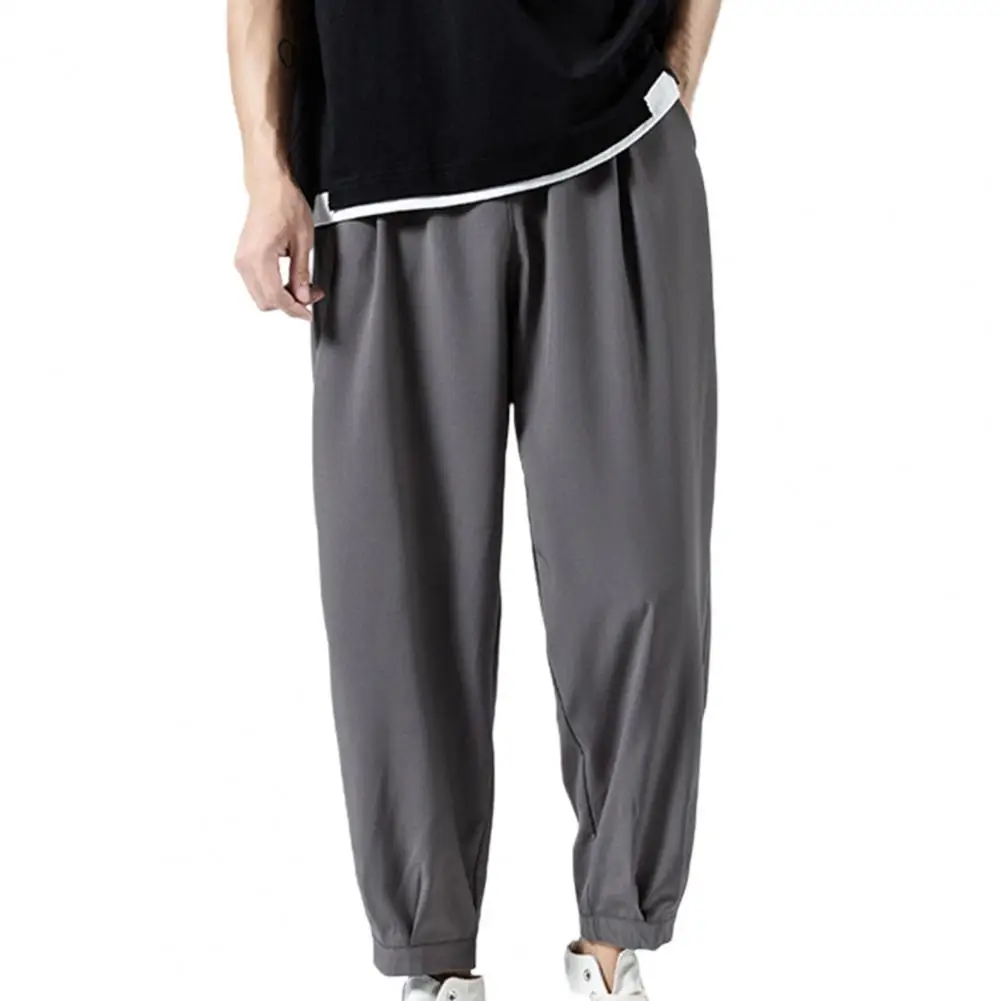 Solid Color Men Pants Ankle-length Smooth Wide Leg Ankle Tied Oversize Pants Sweatpants