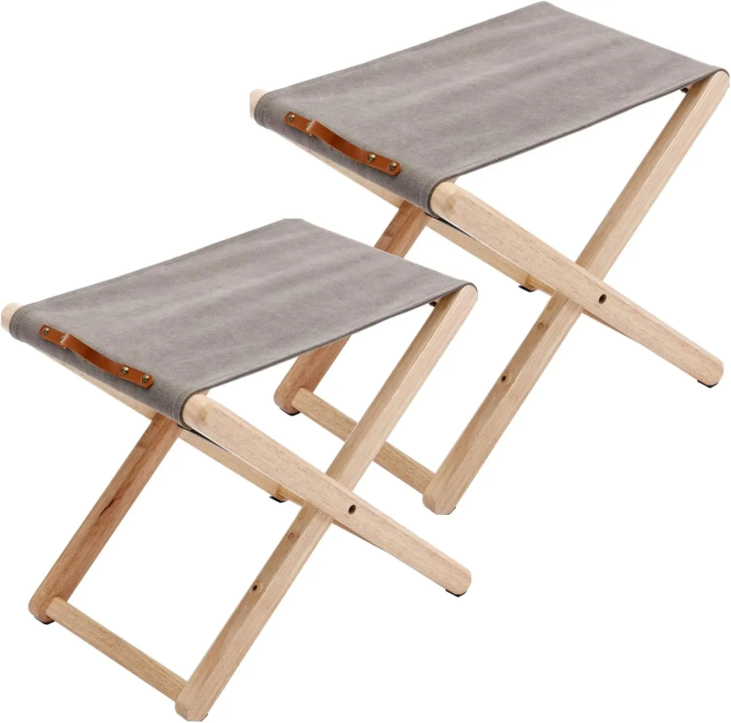 Folding Canvas Camp Stools Set of 2, Wood Folding Camping Stool Patio Portable Foot Stool Slacker Chair for Garden Outdo