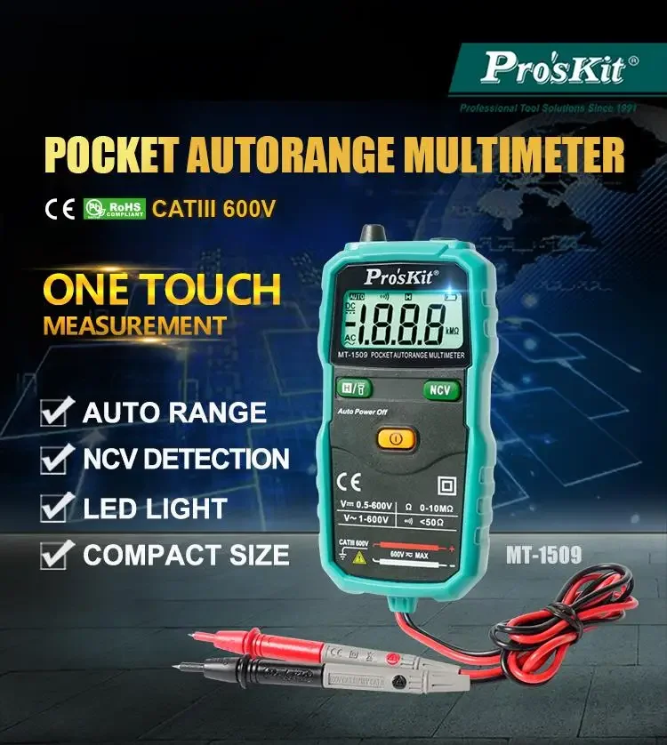 Pro'sKit MT-1509/MT-1510 Autorange Multimeter Non-contact ACV detector LED flashlight CE EN61010-1 CATIII 600V