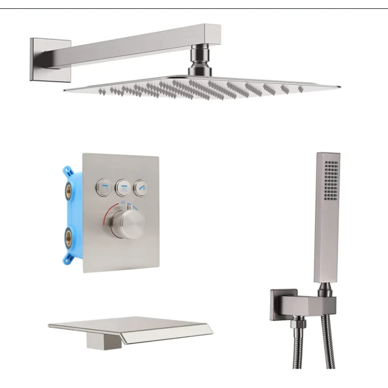 

Brushed Nickel Shower System with Waterfall Tub Spout Faucet Set Complete - 12 inch Rain head and Handled