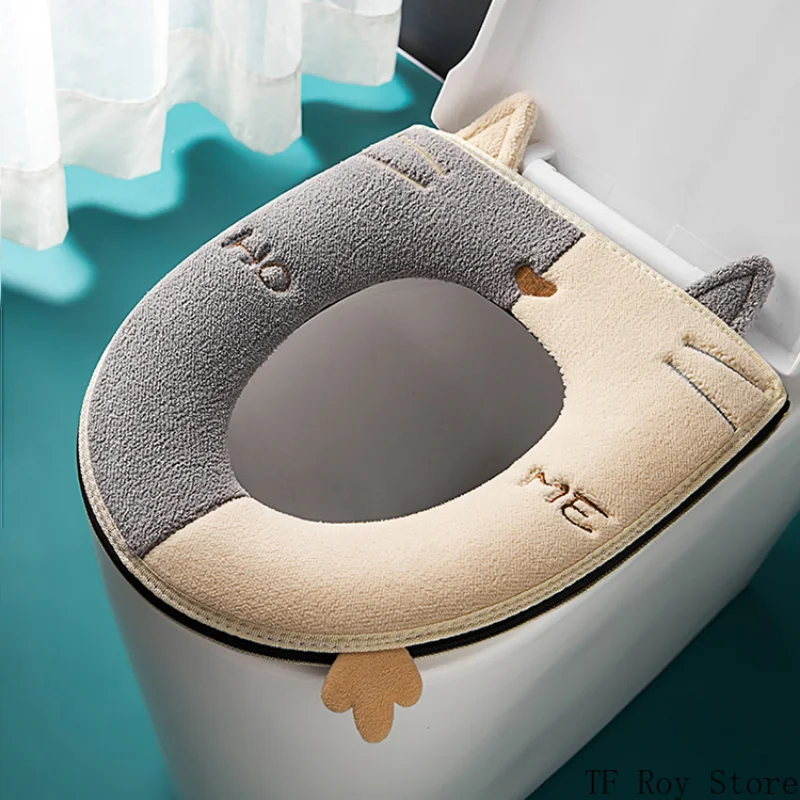 Toilet Seat Cover Universal Cartoon Cat Shape Toilet Mat with Handle Thicken Plush Toilet Seat Cover Mat Cushion Bathroom Aceesories