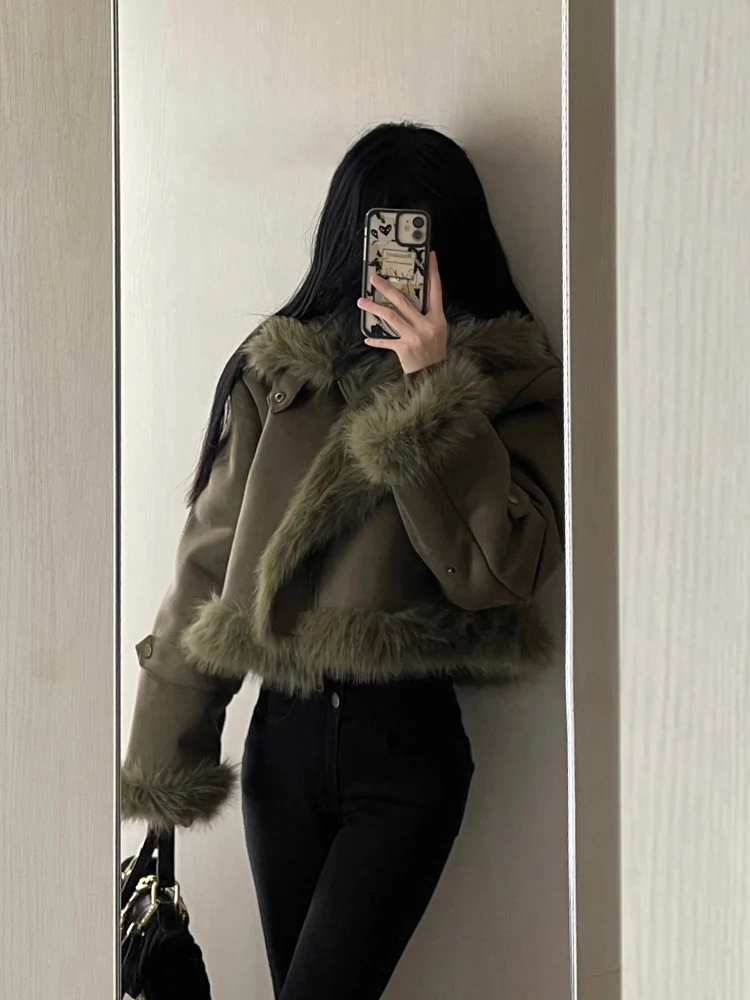 Jacket Women's Stitching Short Leather and Fur Suede Thickened Green Lapel Long Sleeve Loose Autumn Winter High-Grade Clothing