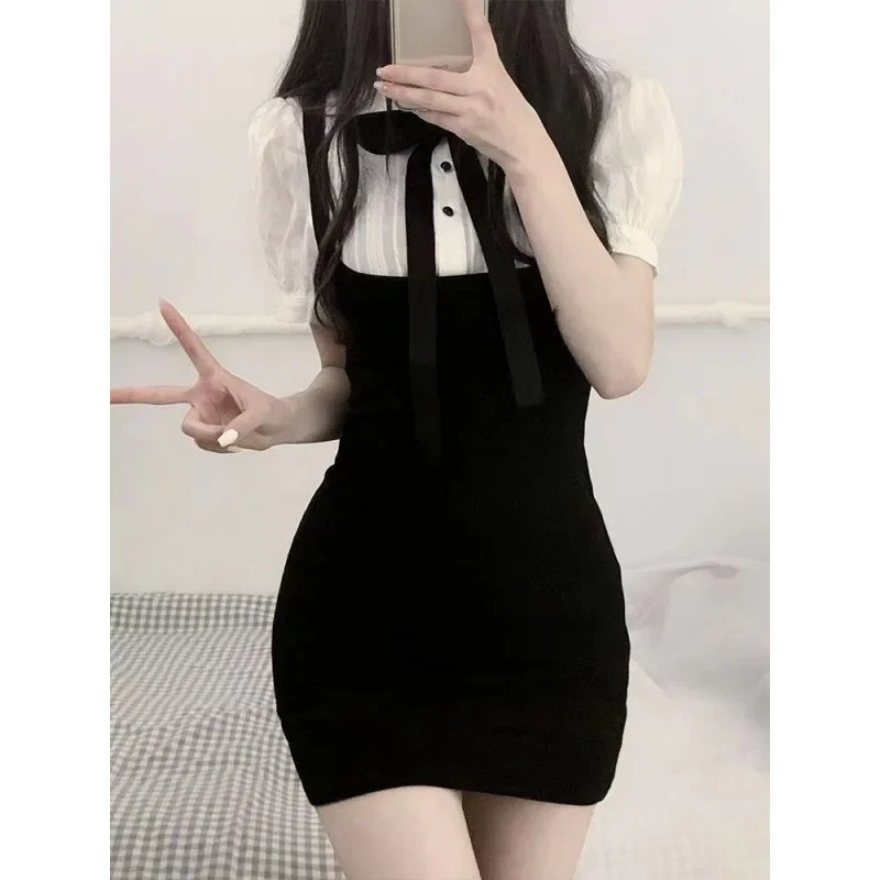 Trendy Mini Dress with Detachable Butterfly Knot Black White Splicing Bubble Sleeve Polo Collar Women's Fashion Summer New Arriv - Image 3