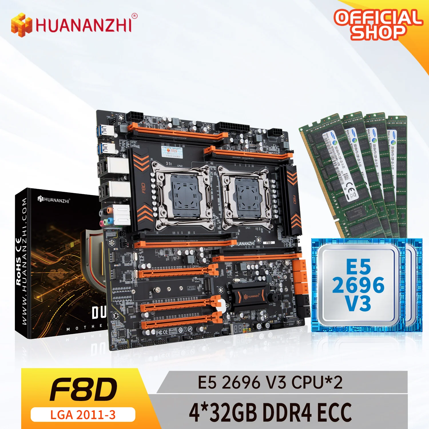 

HUANANZHI X99 F8D LGA 2011-3 XEON X99 Motherboard with Intel E5 2696 V3*2 with 4*32GB DDR4 RECC memory combo kit NVME