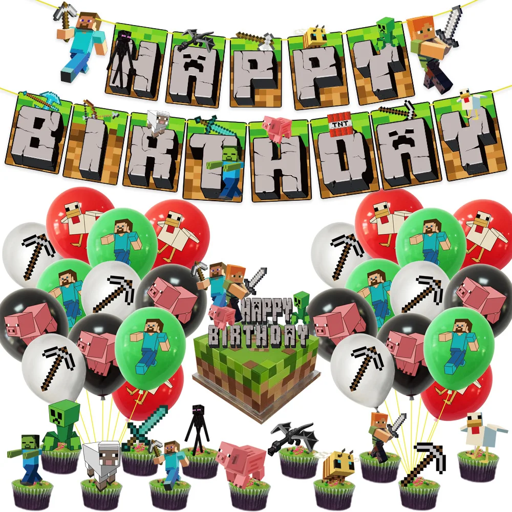 Description Picture 5 of itemMiner Crafting Birthday Party Decoration Disposable Tableware Balloon Banner Backdrop Pixel Hero Game Minecraft Kids Party Decor