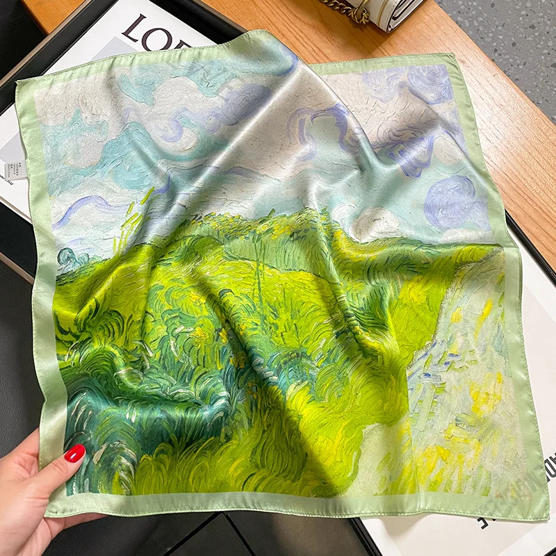 

53cm Square 100% Real Silk Scarf Women Hairbands Foulard Soft Female Shawl Wrap Neckerchief Spring New Print Scarves Bandana