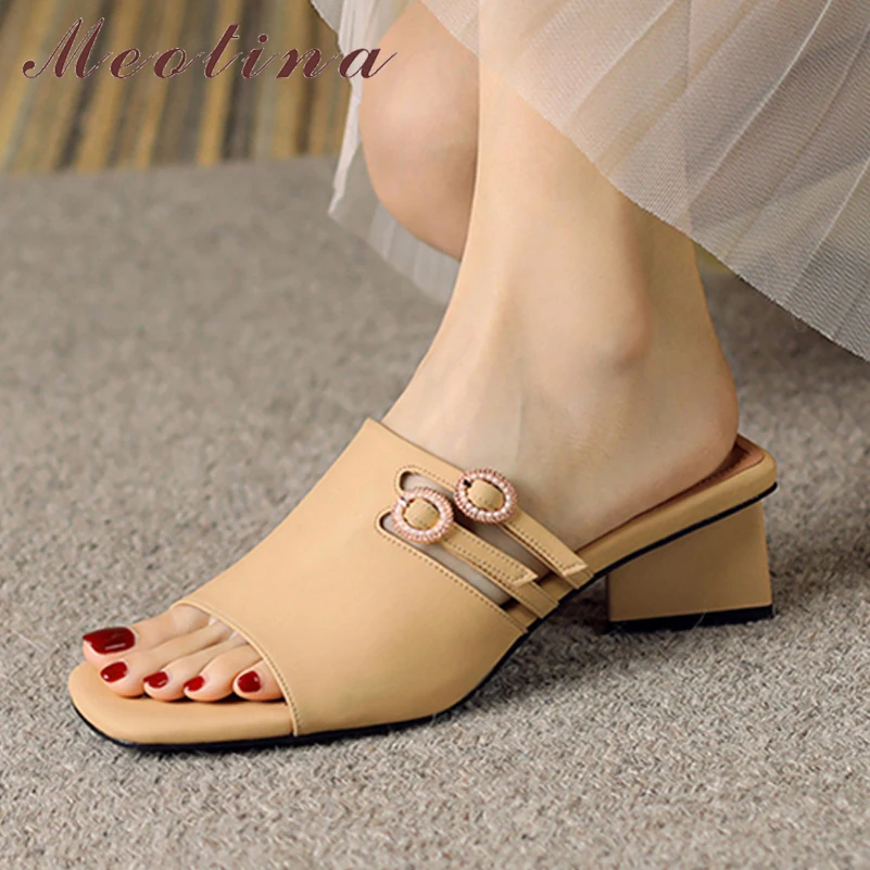 

Meotina Women Slippers Square Toe Chunky Mid Heels Slides Sewing Concise Sandals Ladies Brand Design Fashion Casual Shoes Summer