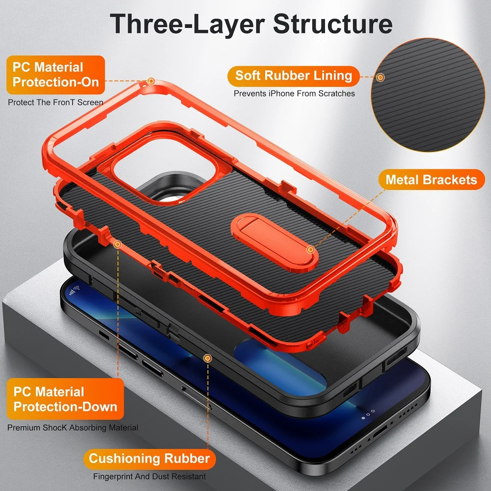 For iPhone 14 12 13 Pro Max Protective Case 3 In 1 Hard PC+Soft Anti-drop Cover With Contrast Colors Holder For Samsung S22 Plus