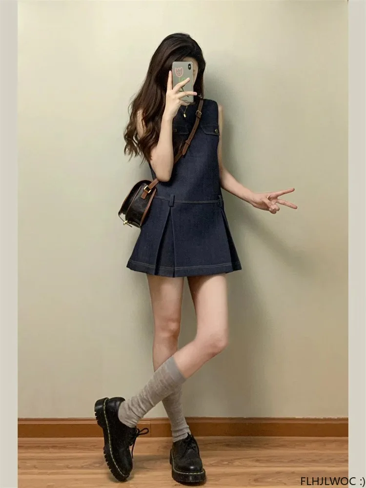 Vestido camisero sin mangas para mujer y niña, minivestido vaquero