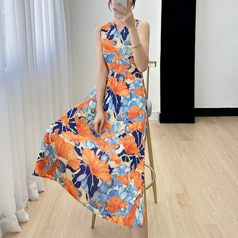 

Miyake Vest Dress for Women Summer Printed Elegant Graceful High-Grade Loose Slimming V-Neckline Sleeveless Pleated Dress Women