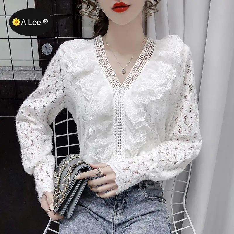 Spring Crochet Lace Blouses Women Sweet Long Sleeve Lolita Gauze Blouses Ladies Elegant Shirt Tops V Neck White Bottoms Korea