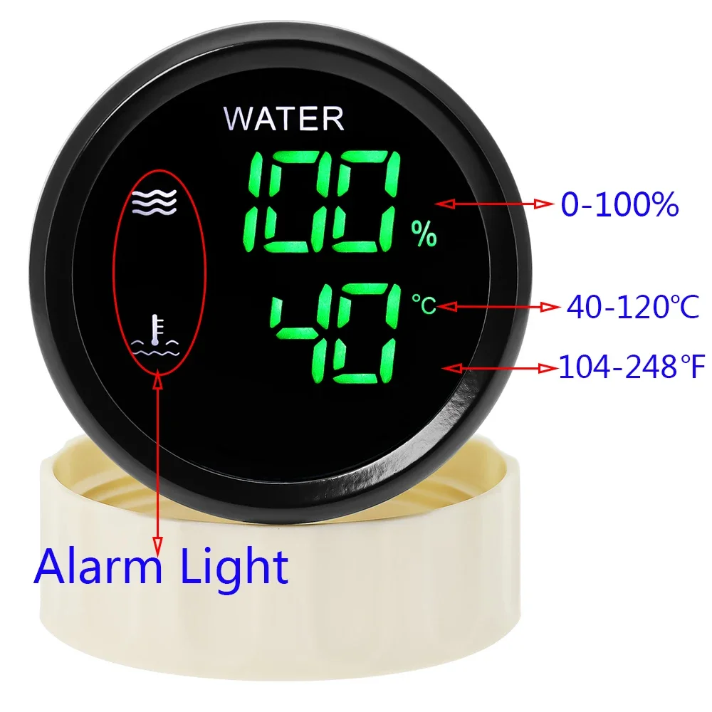 52mm 듀얼 게이지 + 수온 센서 + 수위 센서 0-190 ohm 디지털 물 탱크 표시기/알람이있는 수온 측정기 맞춤