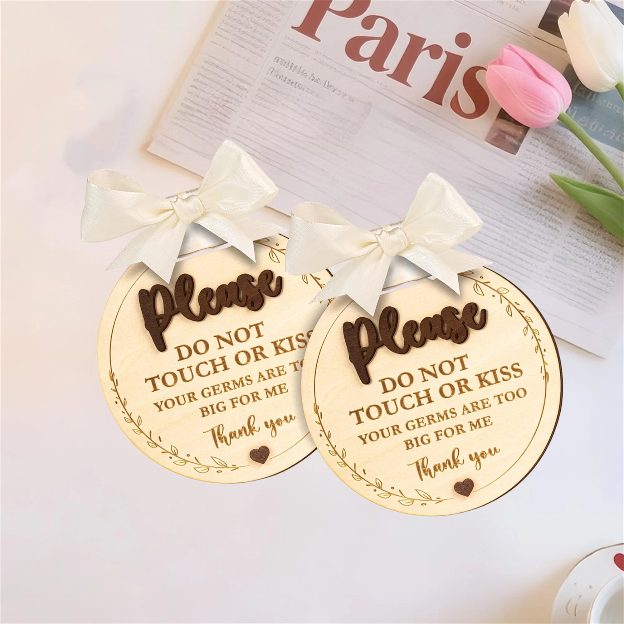 Wooden Baby Car Seat Sign with Bow and Do Not Touch or Kiss Warning for Infant Safety and Protection