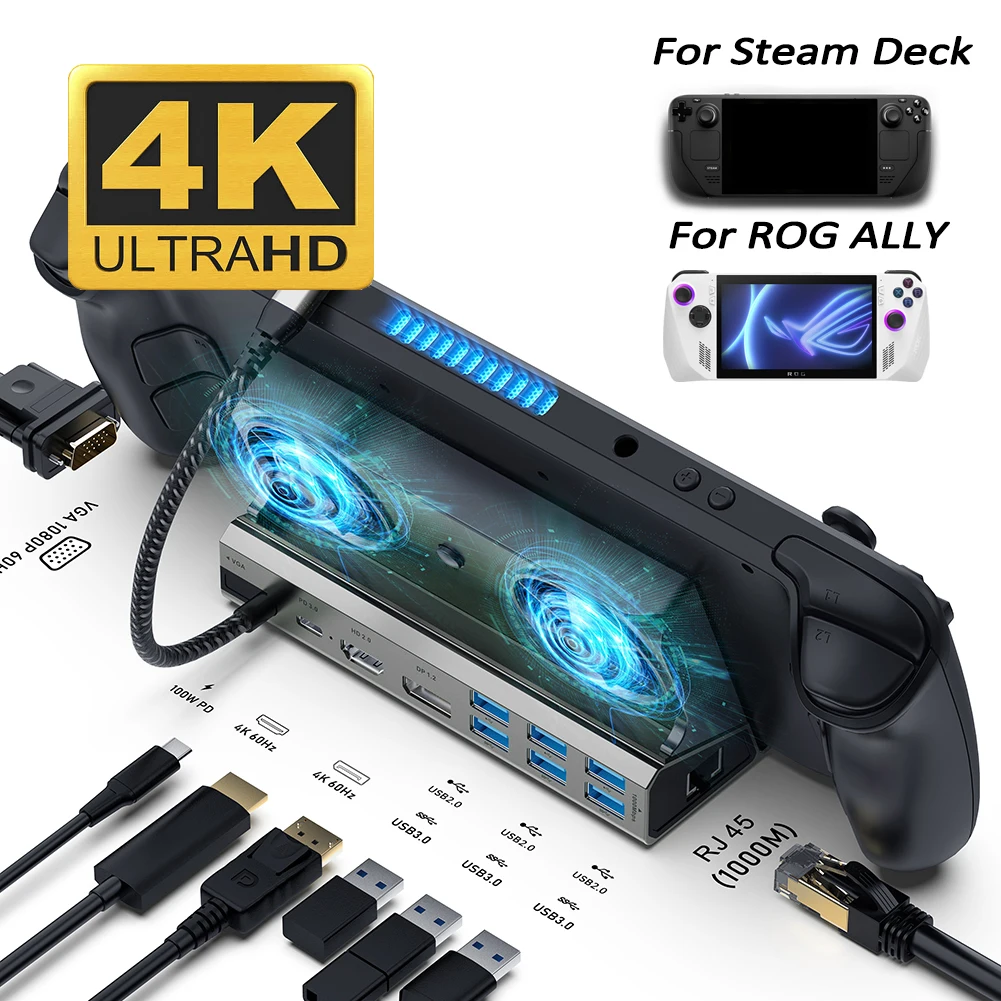 ROG 앨리 도킹 스테이션 TV 베이스 스탠드, 11 인 1 허브 알루미늄 냉각 스탠드, PD100W, 4K 60Hz HDMI, 스팀 데크와 호환