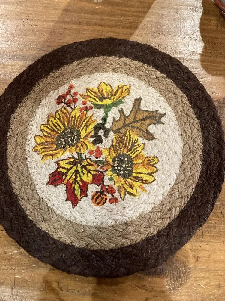 

Rugs for Bedroom Jute Braided Round Carpet Autumn Sunflower Graphic Printing Rugs10 Inches