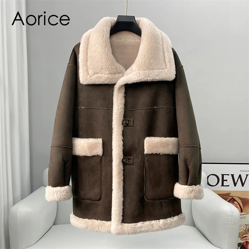 

Aorice Women Real Wool Fur Liner Long Coat Parka New Winter Warm Female Sheep Shearing Double Side Over Size Overcoats CT221