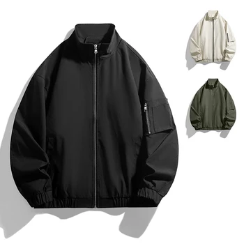 سترة عمال رفيعة بياقة واقفة لعام 2025 للرجال جديدة لربيع وخريف الرجال معطف بلون سادة وسحاب موضة سترات منفوخة مضادة للرياح للرجال 5