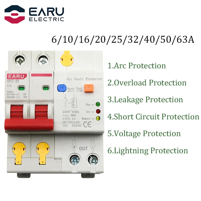 

220V 2P AFDD AFCI Arc Fault Protector Dector Circuit Breaker Interrupte Overload Earth Leakage Short Circuit Voltage Protection