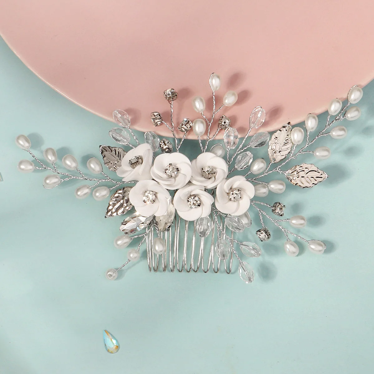 Soft Ceramic Flower Women's Hair Comb Pearl Rhinestone Daily Hair Clip Wedding Party Bridal Jewelry Headdress