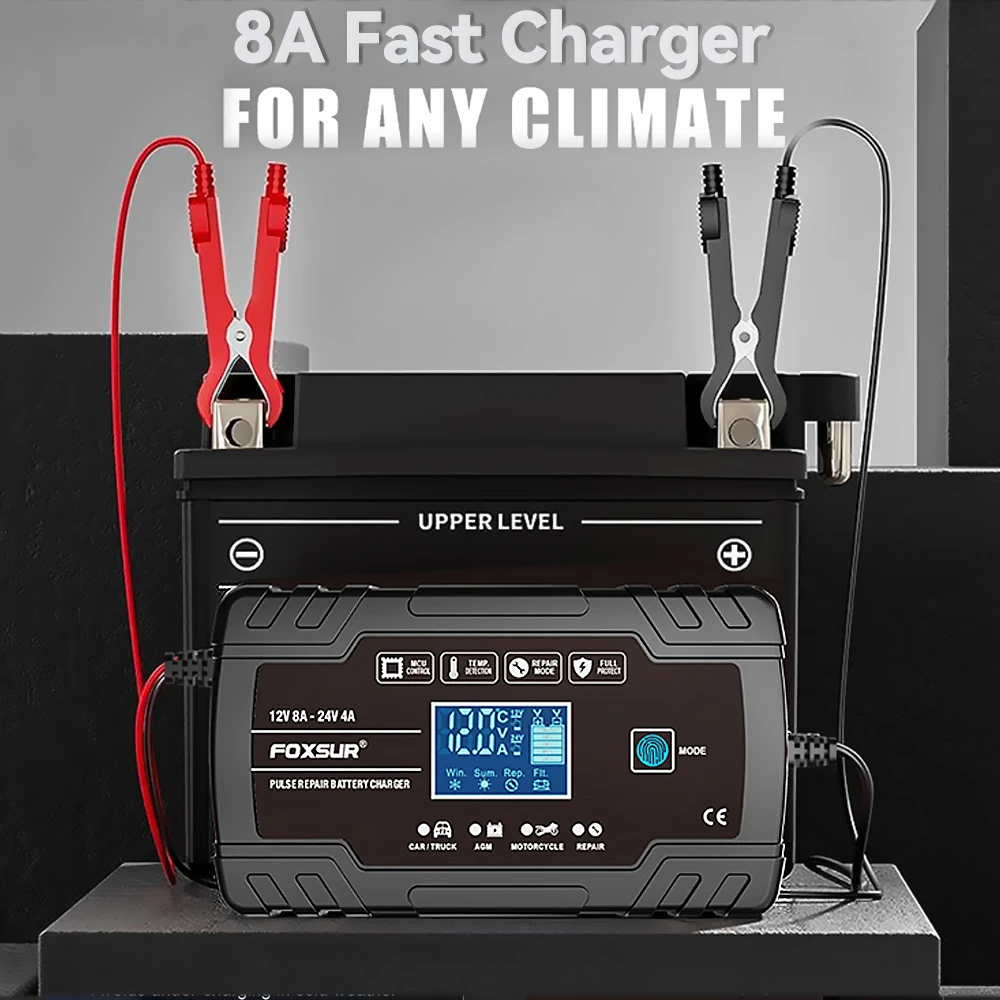

12V-24V 8A Car Battery Charger Pulse Repair Touch Screen LCD Battery Charger For Auto Motorcycle Lead Acid Battery Agm Gel Black