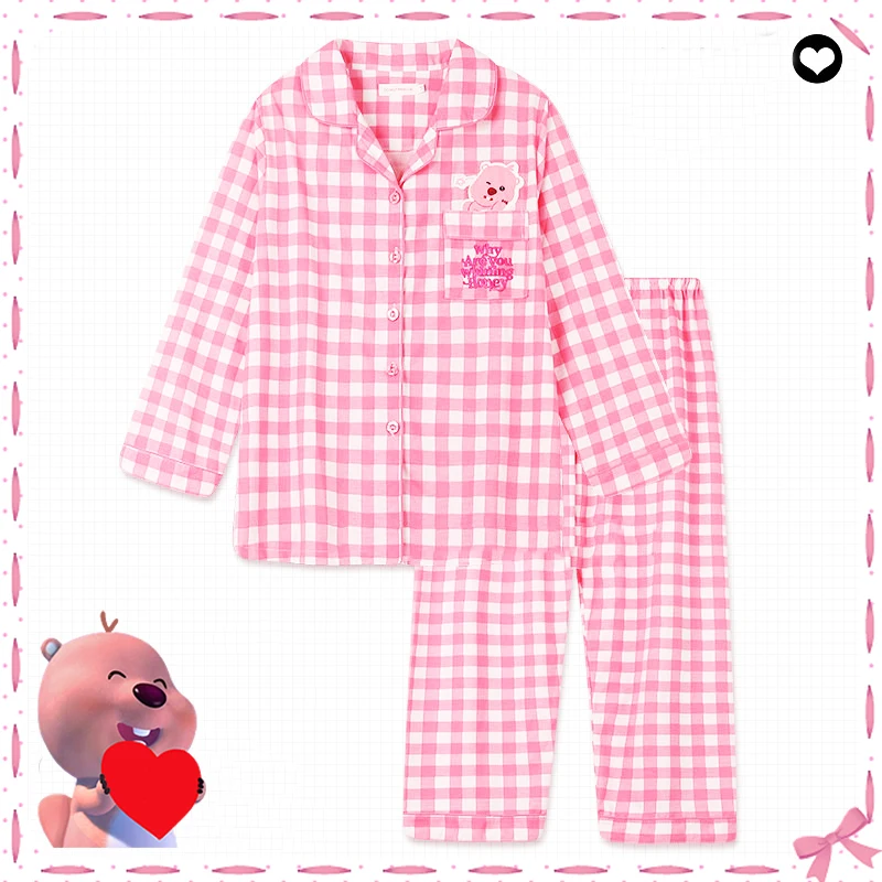 

Loopy Pajamas Checkered Stripes Pink Kawaii 2Pcs Home T-Shirt Pants Long Sleeve Trendy Cartoon Clothes Cute Girls Gift Lovely