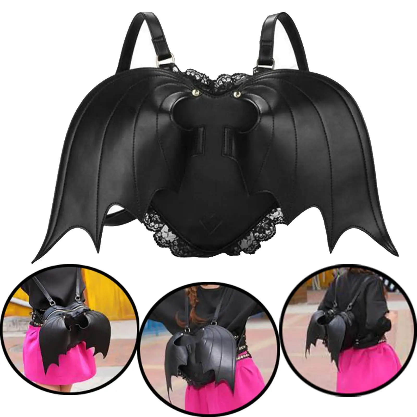 Goth Punk Black Bat Wings Backpack Stylish Women GirlsBlack Bat Wings Backpack Stylish Women Girls Backpack Rucksack Leather Bag