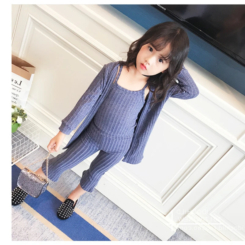 

Girl Knitting Set 2022 Spring Autumn Outfit Cardigan Coats Suspender Flared Pants 3pc Baby Clothes 2 To 7 Year Kids Sweater Suit