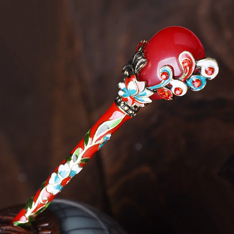 Vintage Cloisonne Women's Hairpin Headdress Antiquity Hair Clasp Headdress Imitation Jade Design Hairpin