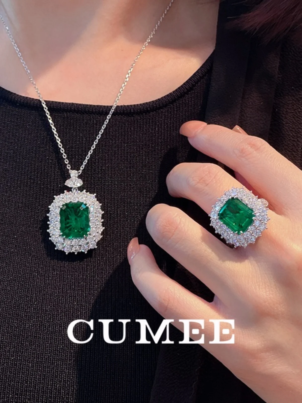 

CUMEE 6.5CT Full Diamond Surround Emerald Created Ring for Women 925 silver and gold plated Engagement Rings Gift