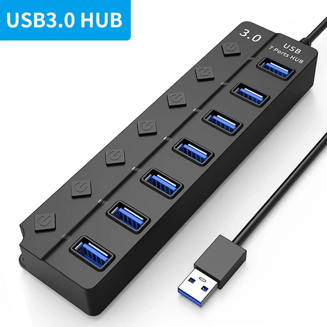 Répartiteur USB 3.0 avec interrupteur pour PC, adaptateur d'alimentation,  extenseur multiple, hub 2.0, USB 3