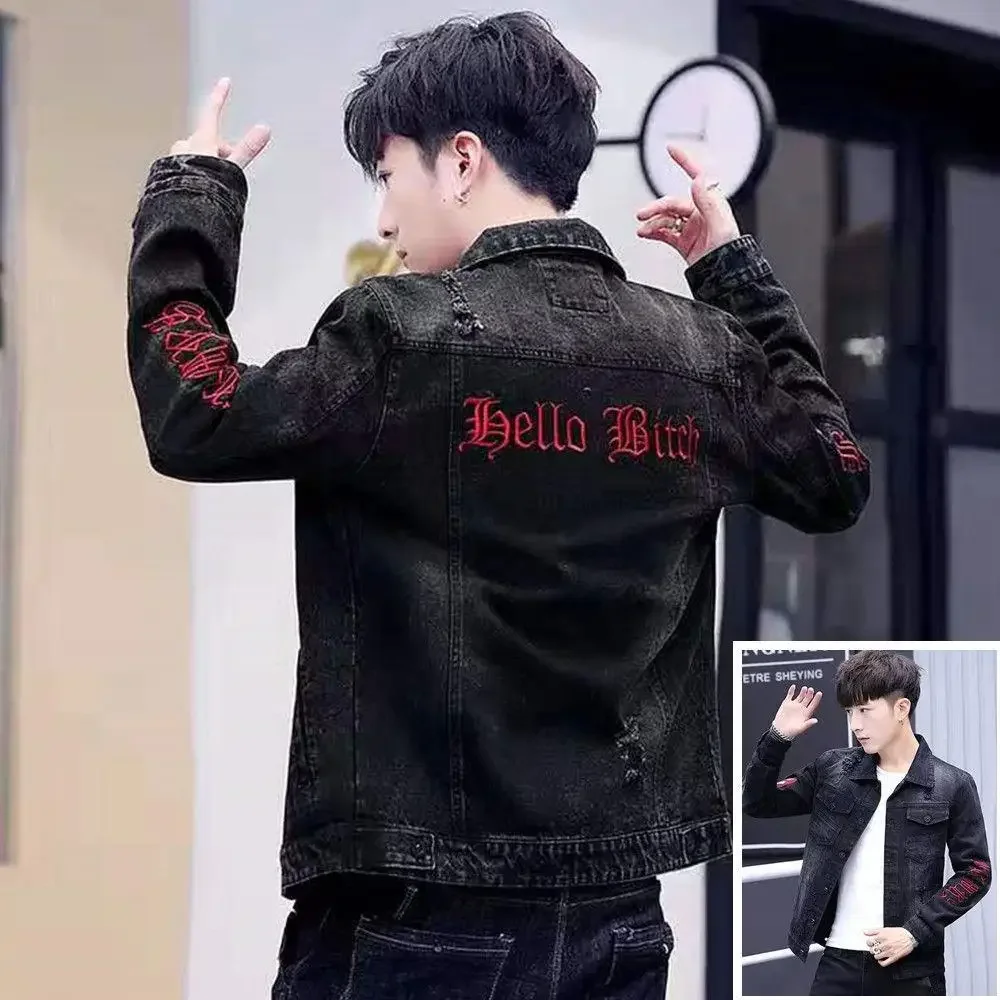 thumbnail image 1 of Abrigo vaquero con botones negros de otoño para hombre, chaqueta vaquera para hombre, estilo punk, motociclista, con bordado japonés, precio bajo, desgastado, lavado, 1 of 5
