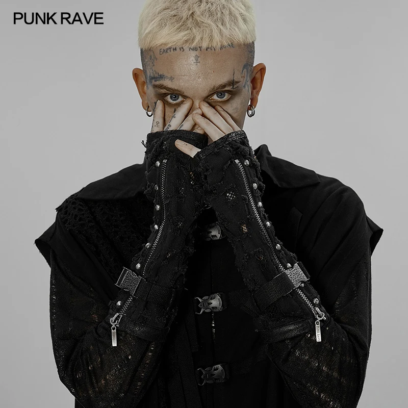 

PUNK RAVE Men's Punk Gloves Twill Holes Denim Gauze Fingerless Gloves Motorcycle Cool Military Metal Buckle Gloves 1 Pair