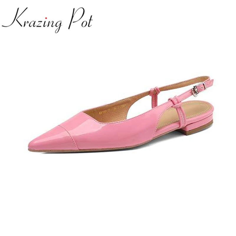 

Krazing Pot Fashion Cow Leather Shallow Summer Shoes Gladiator Princess Pointed Toe Low Heel Buckle Straps Slingback Women Pumps