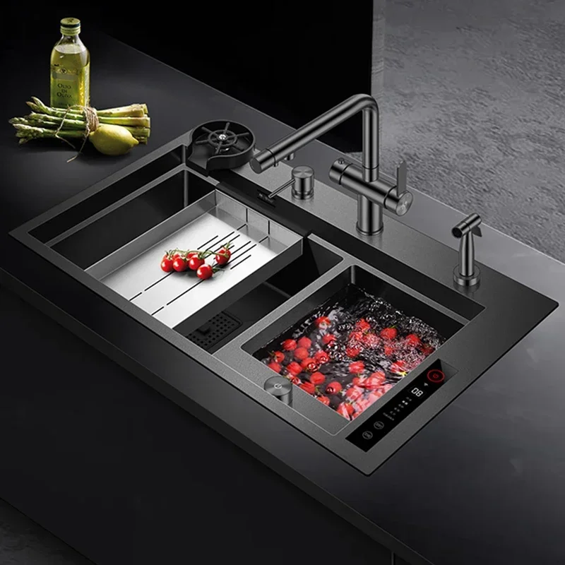 Nano Ultrasonic Smart Purifying Kitchen Island Sinks 304 Stainless Steel Handmade Double Sink Smart Purifying Sinks