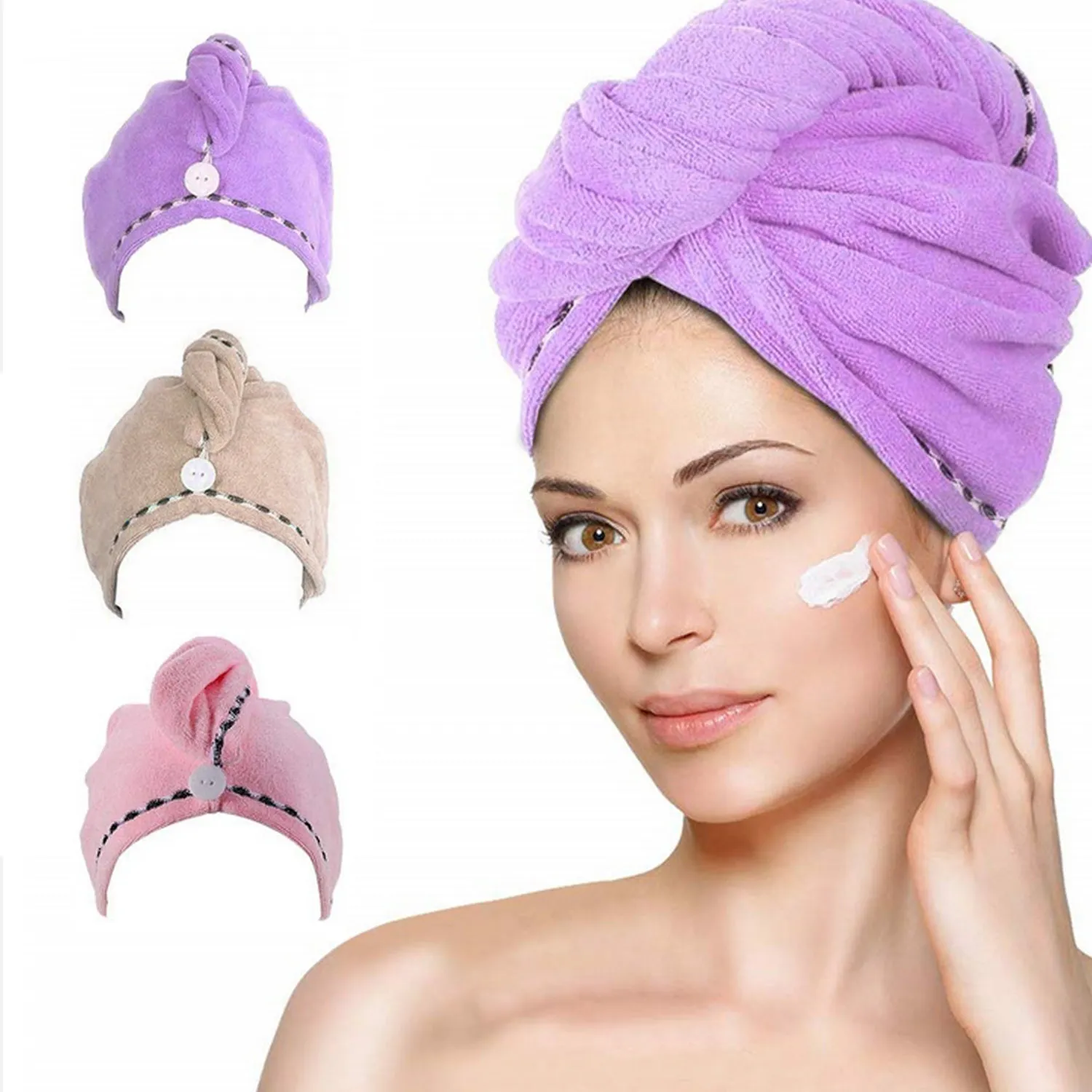 3PCS Assorted colors Super Absorbent Microfiber Hair Towel Turban Twist Head Wrap with Button for Women Girls Hair Fast Drying 3pcs assorted colors super absorbent microfiber hair towel turban twist head wrap with button for women girls hair fast drying