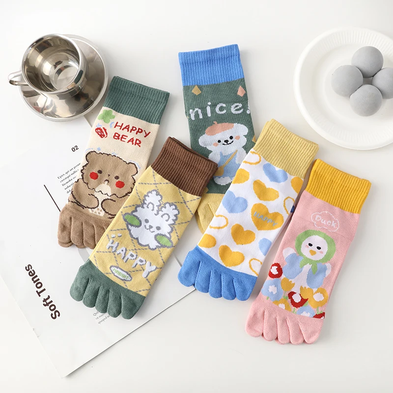 

Мультяшные милые носки с пятью пальцами, Женские Дышащие носки с милым принтом животных