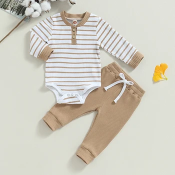 0-24months Baby Boy 2pcs Outfits Long Sleeve Striped Print Romper + Pants Set Infant Boys Spring Fall Warm Clothes Set 2