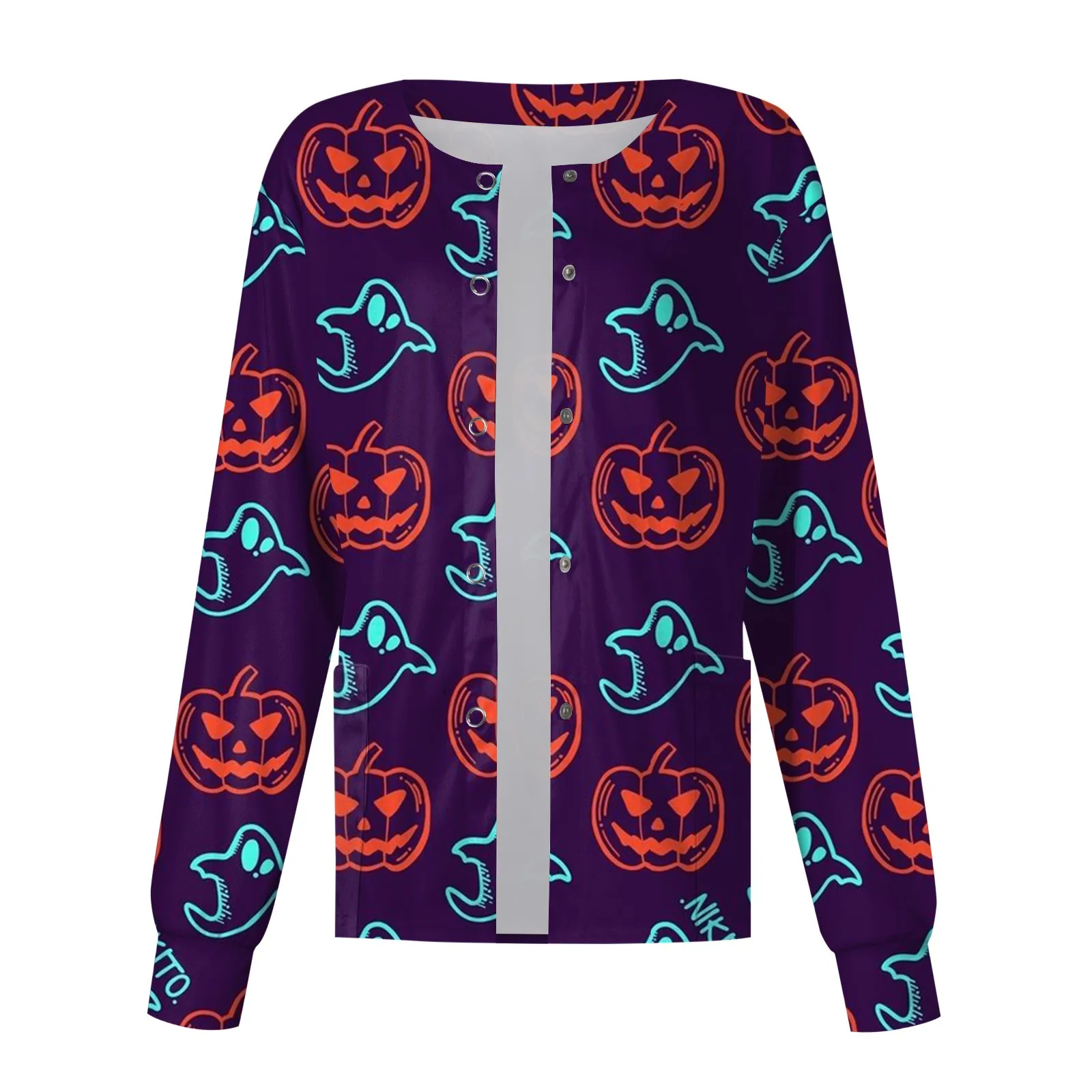 Women's Single-breasted Top Halloween Bat Printed Scrub Jacket Nurse Coat Pet Shop Nurse Working Round Neck Cardigan Coat