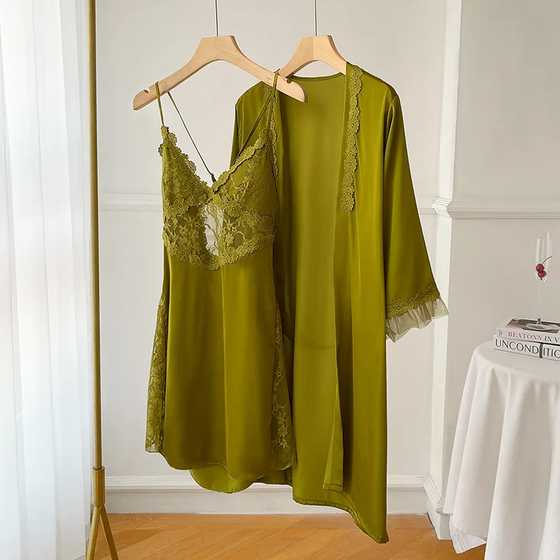 بلون مثير المرأة ثوب النوم رداء النوم فستان النوم ملابس المنزل الجليد الحرير النوم مجموعة الدانتيل 2 قطعة مع وسادة الصدر صالة