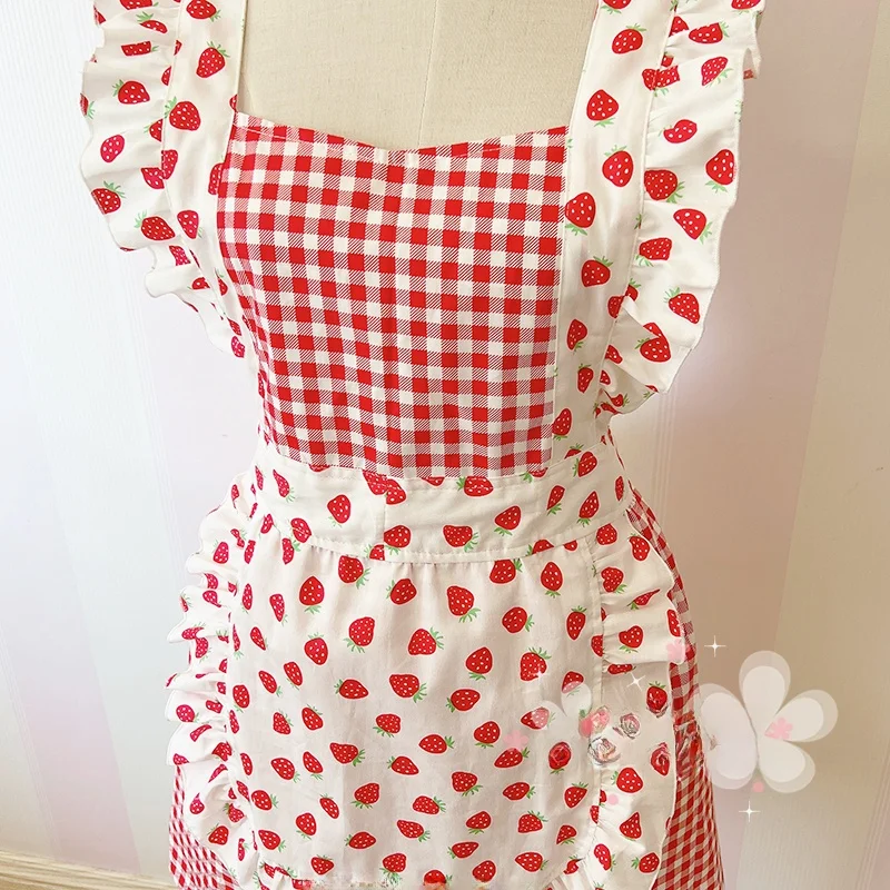 Adorable Stberries Printed Pure Cotton Apron Kitchen Home Use f Waterproof Korean Sle Faionable Coverall Waist Apron