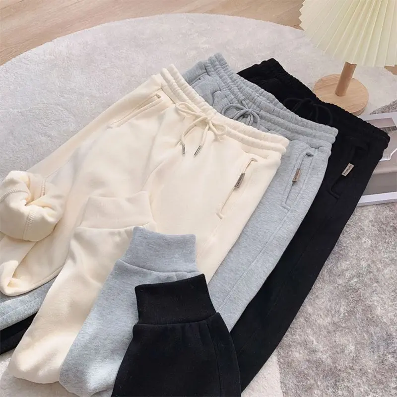 2023 Autumn Winter New Solid Color Fashion Elastic Waist Sweatpants Women High Street Drawstring Pockets Thicken Warm Haren Pant