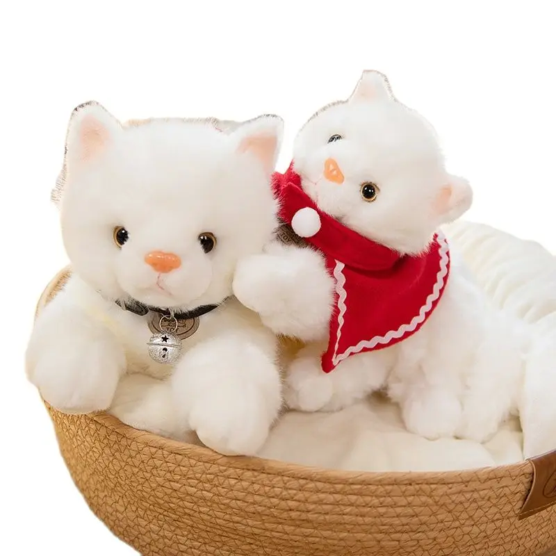 

Новые стили, белая кошка, плюшевая игрушка, мягкие набивные животные, наряд, котенок, реалистичный персидский кот с колокольчиками, накидка для мальчиков и девочек, подарок