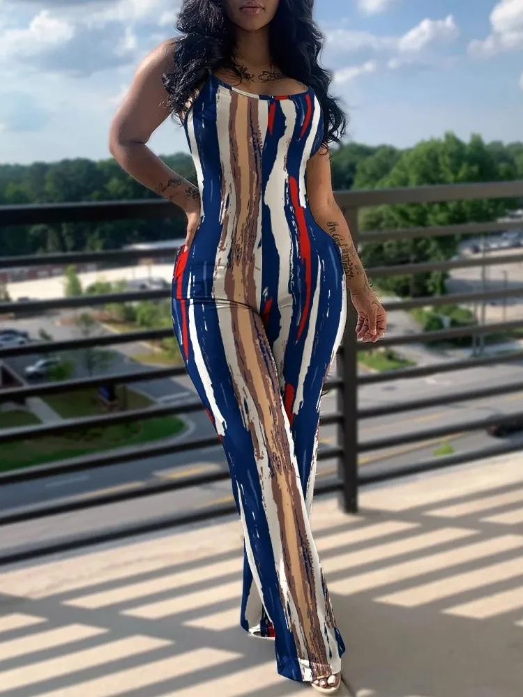 

Bodysuit Women's Jumpsuit Summer Fashion Sexy Backless Print V-Neck Casual Sleeveless Long Skinny Suspender Jumpsuit For Women