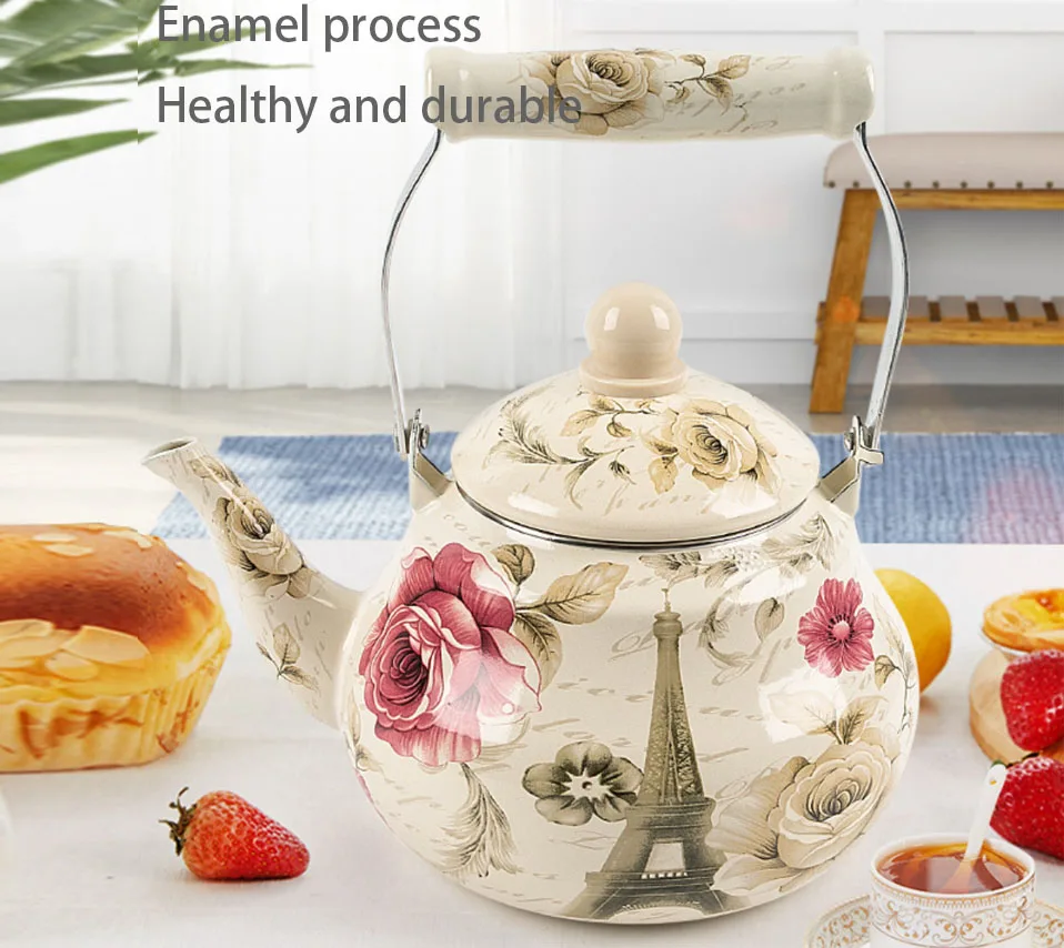Cabilock Vintage Enamel Tea Kettle Floral vintage teapot whistling tea