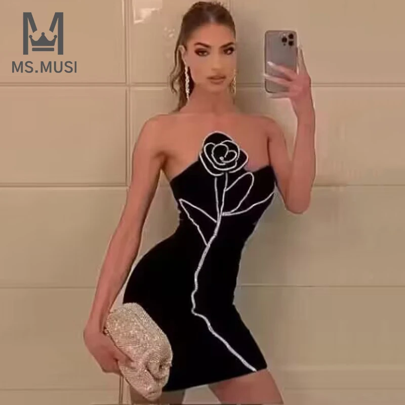 

MSMUSI 2023 новый модный дизайнерский женский сексуальный без бретелек с кристаллами и цветочными блестками без рукавов облегающее мини-платье