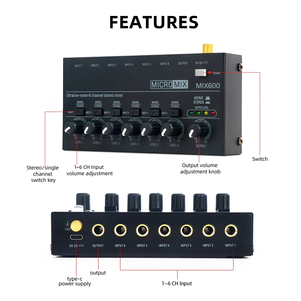 Audio Mixer Ultra Compact Mixer Mini DJ Low Noise 6 channel Sound Mixer Professional KTV Sound Stereo Guitar musical instrument